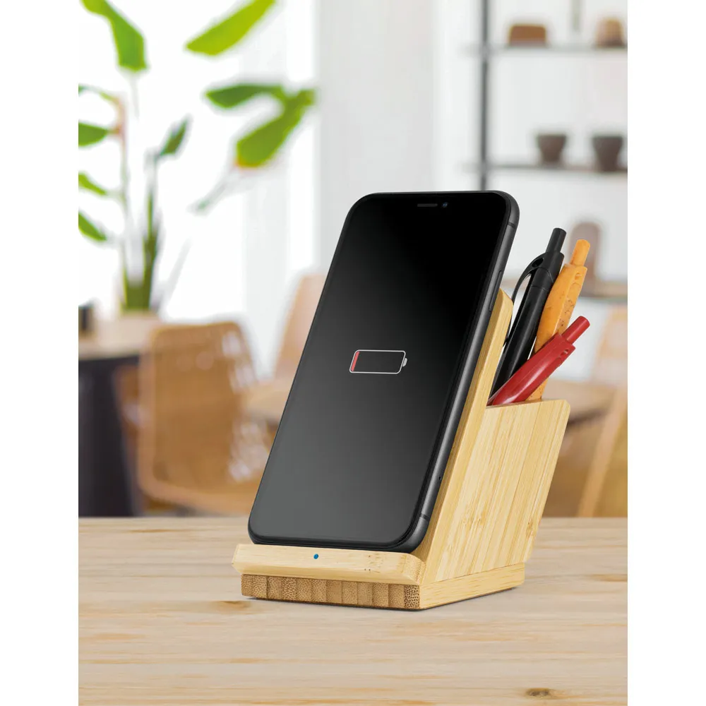 Carregador wireless Leavitt II em bambu com suporte para canetas