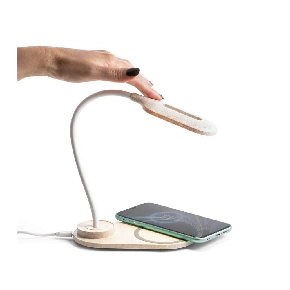 LEZZO. Luminária de mesa com carregador por indução super-rápido (15W), em ABS e fibra de palha de trigo