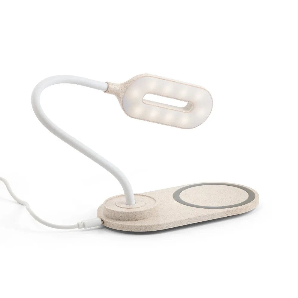LEZZO. Luminária de mesa com carregador por indução super-rápido (15W), em ABS e fibra de palha de trigo