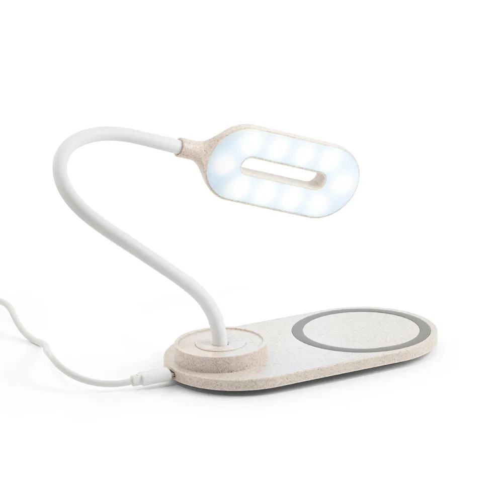 LEZZO. Luminária de mesa com carregador por indução super-rápido (15W), em ABS e fibra de palha de trigo