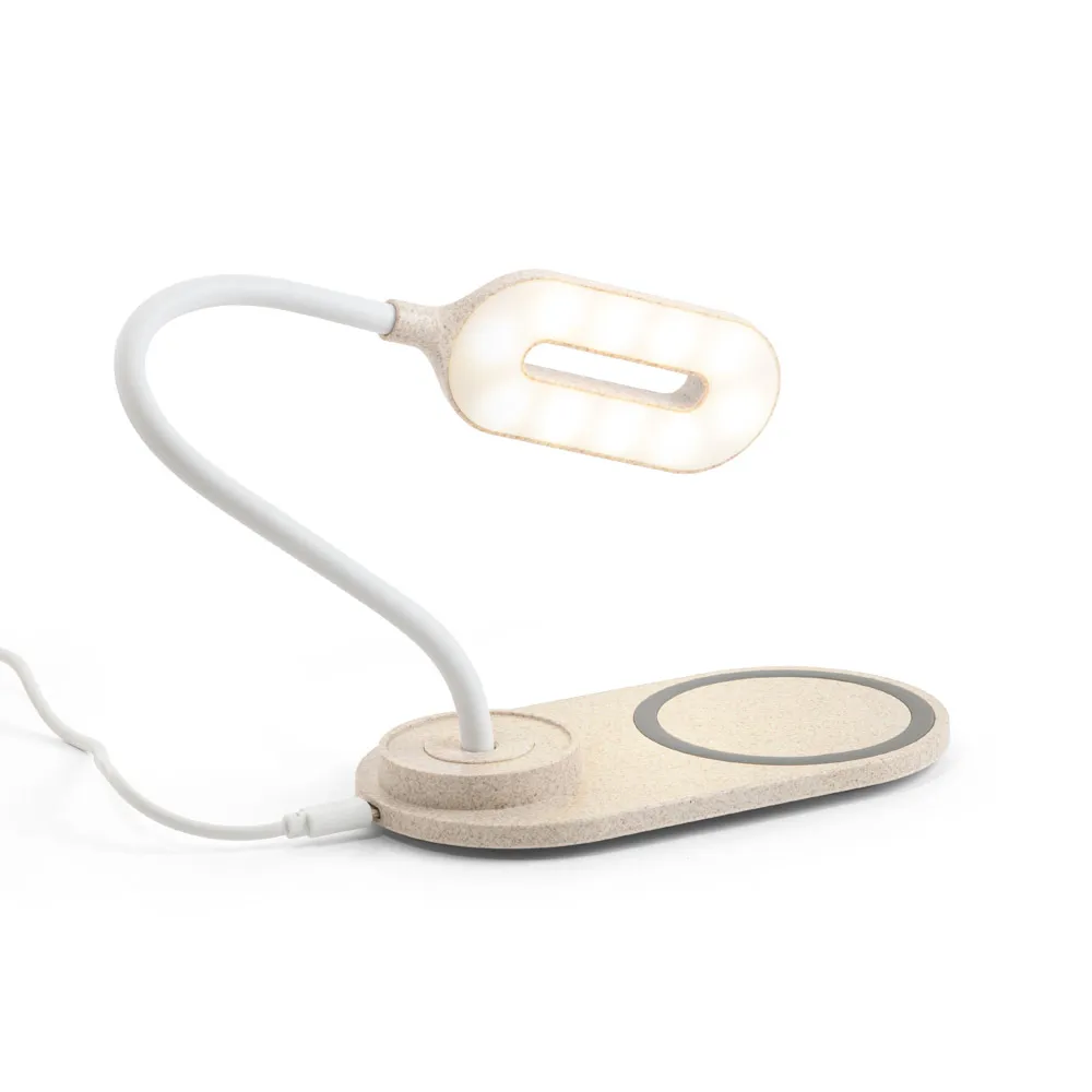 LEZZO. Luminária de mesa com carregador por indução super-rápido (15W), em ABS e fibra de palha de trigo