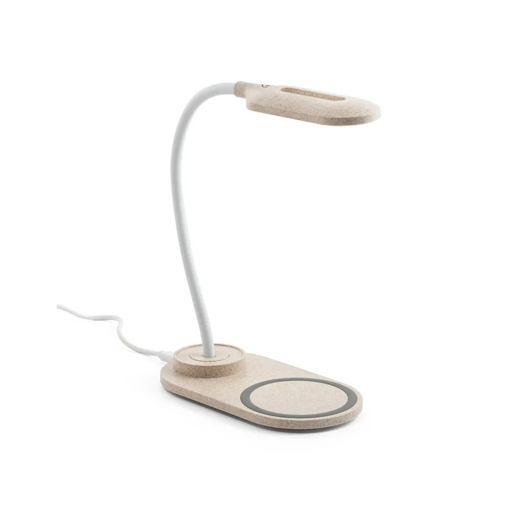 LEZZO. Luminária de mesa com carregador por indução super-rápido (15W), em ABS e fibra de palha de trigo